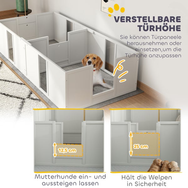 PawHut Wurfkiste für Welpen, Hundelaufstall, Welpenauslauf mit Rutschfeste Bodenschoner, Tür, Hunde Wurfbox aus Holz, Welpenlaufstall für mittelgroße Hunde, 196 x 96 x 48 cm, Weiß