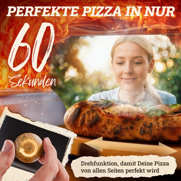 Pizzaofen mit drehbarer Funktion für perfekte Pizzen in 60 Sekunden