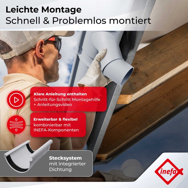 Handwerker montiert INEFA Dachrinne mit Stecksystem und integrierter Dichtung am Dach. Inefa Logo.