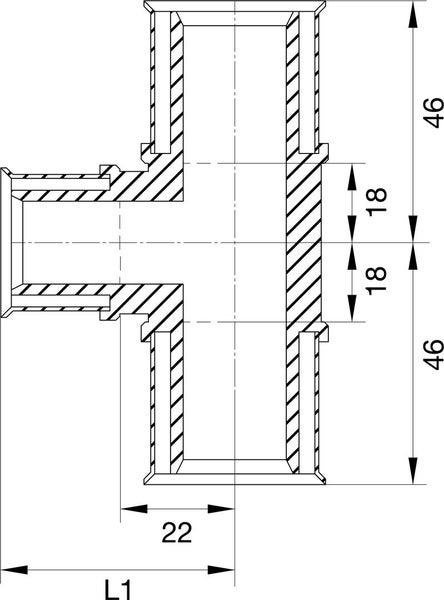 Technische Zeichnung eines T-Stücks für Rohrleitungen mit detaillierten Maßangaben.