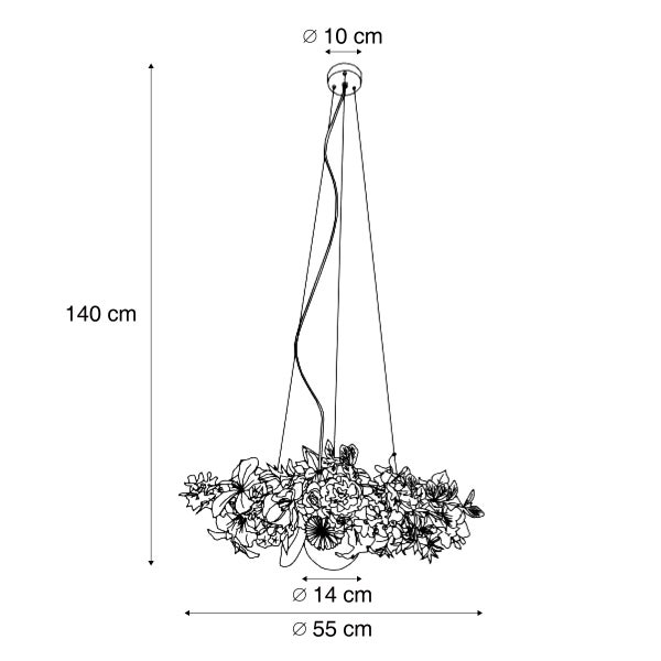 Skizze einer Hängeleuchte im Blumendesign mit Maßen: Höhe 140 Zentimeter, Baldachindurchmesser 10 Zentimeter, Gesamtdurchmesser 55 Zentimeter.
