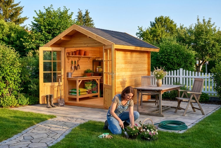 Ein Gartenhaus aus Holz mit Satteldach und geöffneten Doppeltüren, davor eine Frau bei der Gartenarbeit auf einem Rasen neben einer Terrasse.