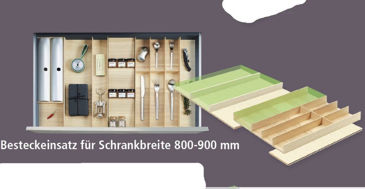 Holz Besteckkasten als variable Besteckschublade für Schrankbreiten von 800 bis 900 Millimeter mit modularem Fächersystem