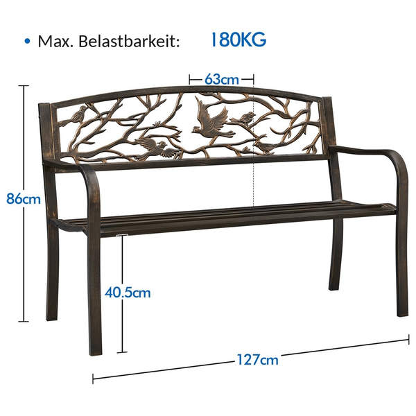 Gartenbank aus Metall mit Vogel-Motiv. Maße: Breite 127 Zentimeter, Höhe 86 Zentimeter, Tiefe 63 Zentimeter. Maximale Belastbarkeit 180 Kilogramm.