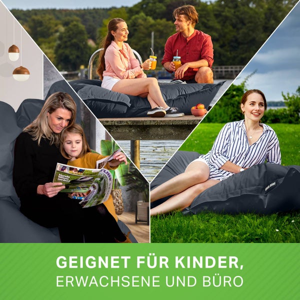 Green Bean Sitzsack XXL 140x180cm 380 Liter Kinder & Erwachsene Bean Bag EPS Perlen Füllung Riesensitzsack Groß Draußen Outdoor Liegekissen Waschbar Wetterfest Lounge Sitzkissen Bodenkissen Stahlgrau