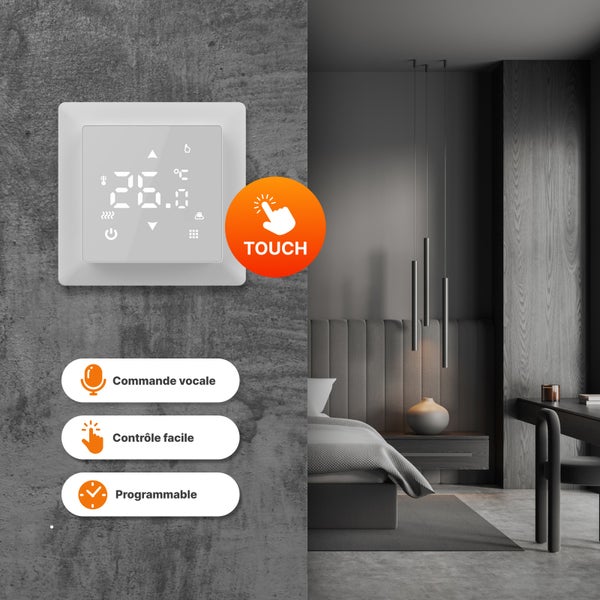 Digitales Raumthermostat zur Temperaturregelung in einem modernen Schlafzimmer.