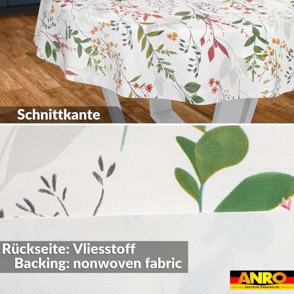 Wachstuch-Tischdecke mit Blumenmuster, Schnittkante und Vliesstoff-Rückseite. ANRO Logo.