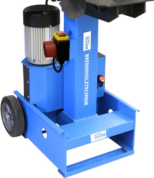 Güde Brennholzspalter mit Elektromotor und Transportrad, blaues Metallgehäuse, Güde Logo.