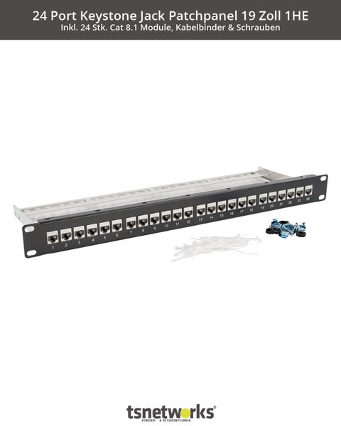 24 Port Patchpanel 1HE 19 Zoll inkl. 24x Cat. 8.1 Keystone Modul RJ45 Buchse 40Gbits STP vollgeschirmt für AWG22-24 Verlegekabel Cat. 7a, Cat. 7, Cat. 6, Cat. 6a Netzwerk Patchfeld Set