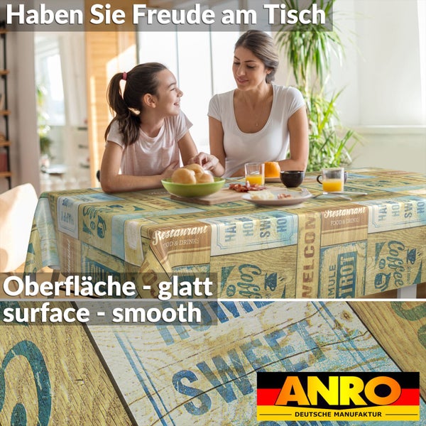 ANRO Wachstischdecke mit Vintage-Muster auf Esstisch mit Mutter und Kind beim Frühstück, glatte Oberfläche, ANRO Logo.