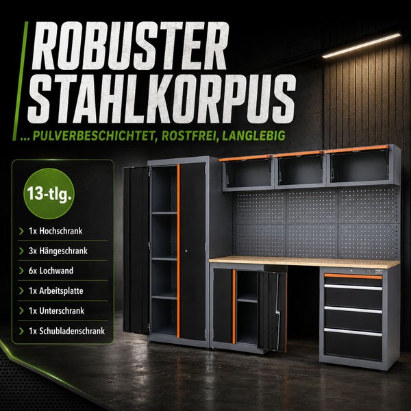Trutzholm Werkstatt-Schranksystem, 13-teilig, aus pulverbeschichtetem Stahl mit Hochschrank, Hängeschränken, Lochwänden und Werkbank.