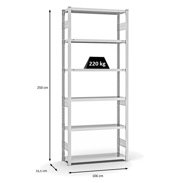 PROREGAL Fachbodenregal Stecksystem T-Profil Medium-Duty Grundregal HxBxT 250 x 100 x 30 cm 6 Ebenen Fachlast 220 kg Beidseitig Nutzbar Lichtgrau