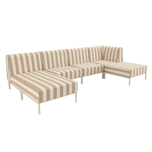 Gestreifte modulare Garten-Lounge-Ecke in U-Form mit Metallgestell.