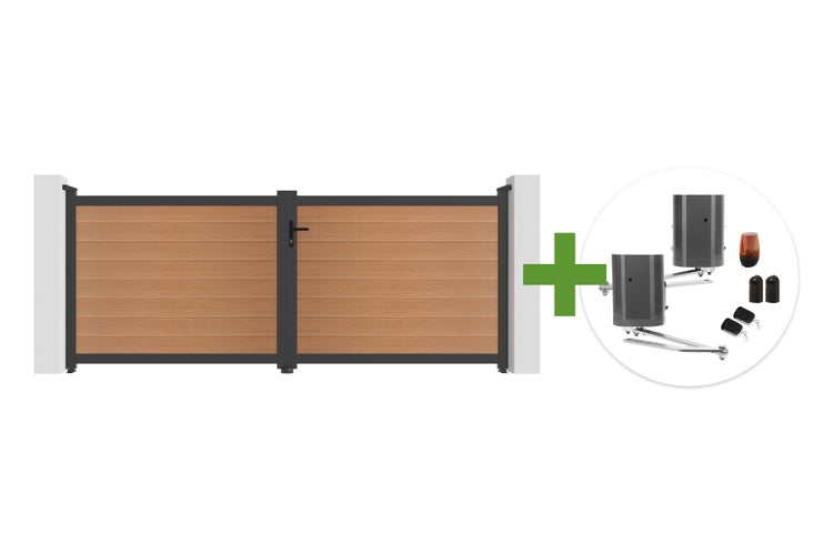 Doppelflügeliges Gartentor mit waagerechten Lamellen in Holzoptik und Metallrahmen, inklusive elektrischem Torantrieb-Set mit Motoren.