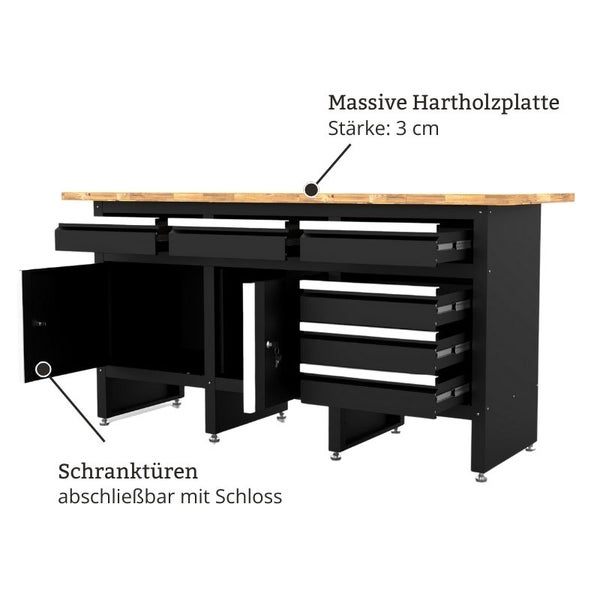 Werkbank mit massiver Hartholzplatte, Schubladen und abschließbaren Schranktüren