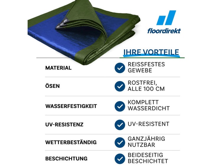 FLOORDIREKT Abdeckplane - Wasserdichte Plane - mit Ösen - Schutzplane - 80 g/m² - 4 x 6 m - Grün-Blau