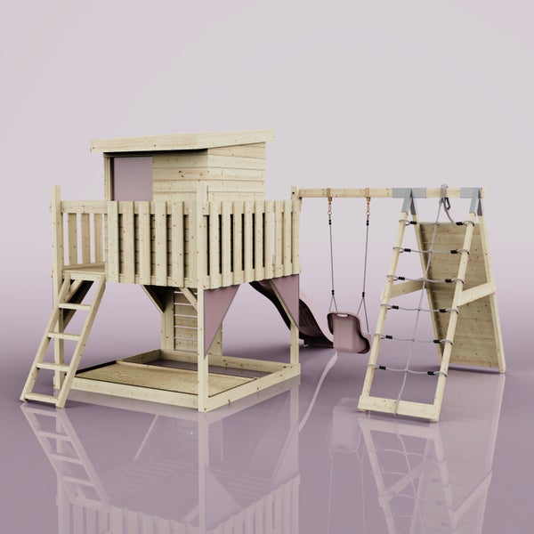 Spielturm aus Holz für Kinder mit Spielhaus, Rutsche, Schaukel, Klettergerüst und Sandkasten.