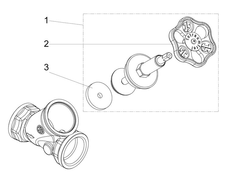 Explosionszeichnung eines totraumfreien Oberteils für ein Ventil mit Handrad, Spindel und Dichtung.