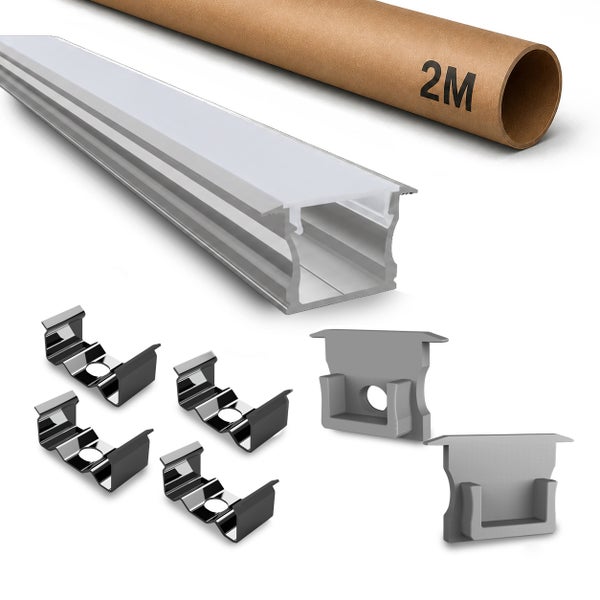 Aluminium LED Einbauprofil Set mit Abdeckung, 2 Meter Länge, inklusive Befestigungsclips und Endkappen.
