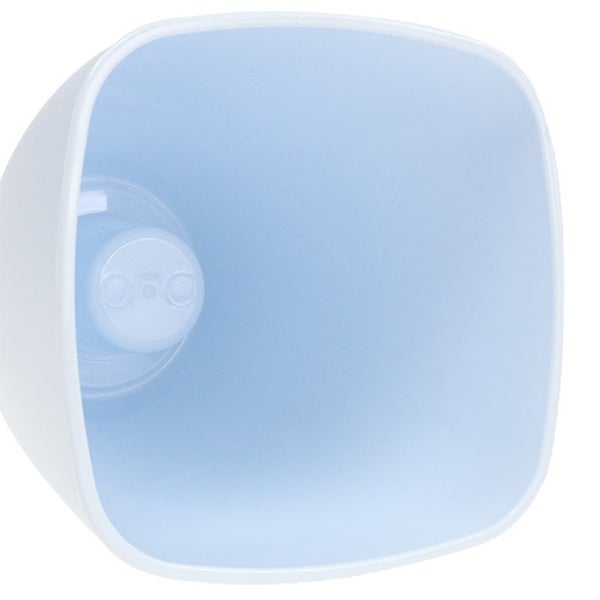 Innenansicht eines hellblauen quadratischen Blumentopfs aus Kunststoff mit abgerundeten Ecken.