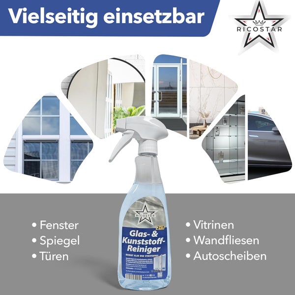 Ricostar 2in1 Glas- & Kunststoffreiniger 500 ml – Scheibenreiniger für streifenlosen Glanz & Sauberkeit – Glasreiniger für Fenster, Spiegel, Autoscheiben & Kunststoffflächen – Effektiv gegen Schmutz