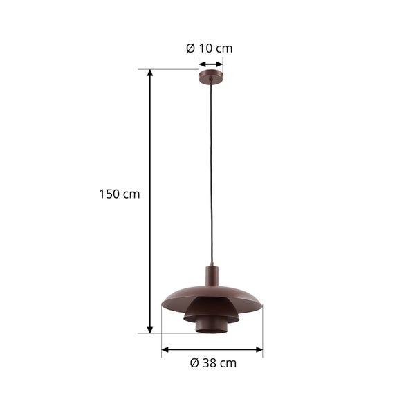 Braune Pendelleuchte mit Maßangaben: Gesamthöhe 150 Zentimeter, Schirmdurchmesser 38 Zentimeter und Baldachindurchmesser 10 Zentimeter.
