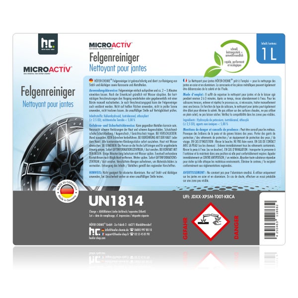 Microactiv Felgenreiniger, gebrauchsfertig für Stahl- und Alufelgen sowie Karosserieteile in 1 Liter Flasche. Hergestellt in Deutschland.