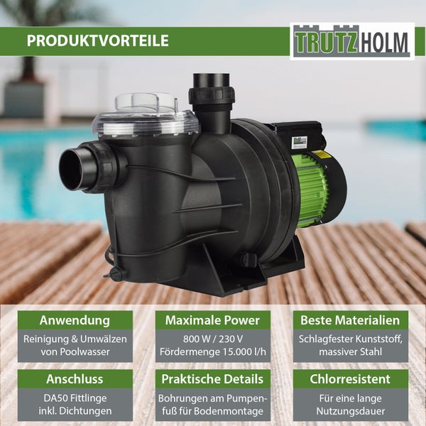 Trutzholm Poolpumpe mit 800 Watt Leistung fuer die Reinigung und Umwaelzung von Poolwasser.