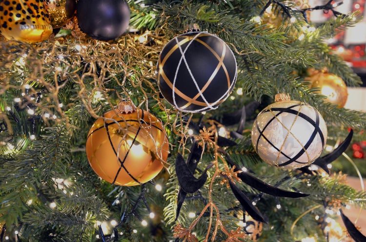 Elfenbein/Schwarz/Gold 8cm Glaskugel mundgeblasen, handbemalt , 3 Stck., Weihnachtsbaumkugeln, Christbaumschmuck, Weihnachtsbaumanhänger