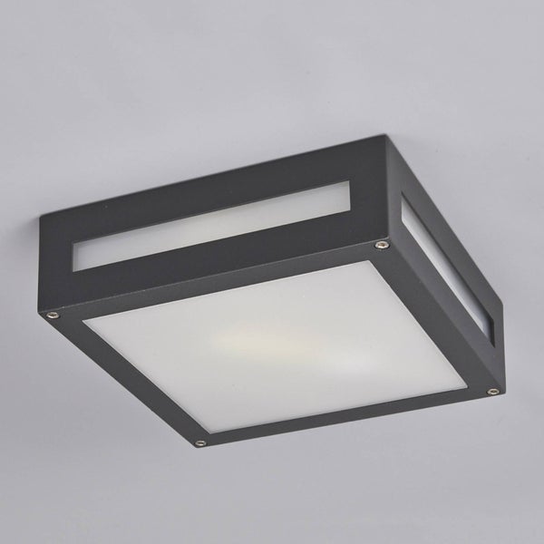 Quadratische Außenleuchte für Wand oder Decke aus Metall mit mattiertem Kunststoffdiffusor in modernem Design.