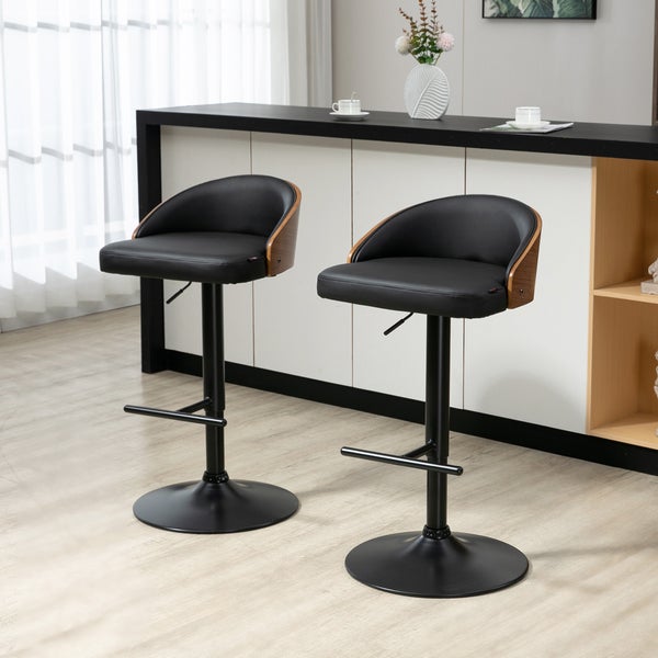 HOMCOM 2er-Set Barhocker mit Fußstütze drehbare Barstühle Barstuhl höhenverstellbar Drehstühle Küchenstühle Kunstleder Holz Schwarz+Kaffee 48 x 49,5 x 76-96 cm