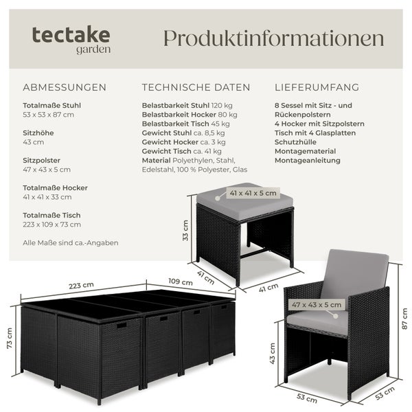 Rattan Sitzgruppe tectake Palma zusammenschiebbar, inklusive Schutzhülle für 8 bis 12 Personen schwarz/grau