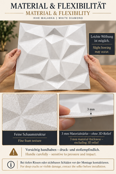 Infografik zeigt Materialeigenschaften einer 3D Wandpaneele aus Schaumstoff mit geometrischem Relief und einer Materialstärke von 3 Millimeter.