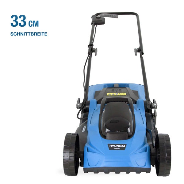 Hyundai Akku-Rasenmäher LM2033LI in Blau und Schwarz mit 33 Zentimeter Schnittbreite, Frontansicht.