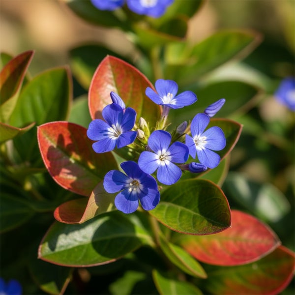Blaue Blüten der Chinesischen Bleiwurz Ceratostigma plumbaginoides mit grünem und rötlichem Laub.