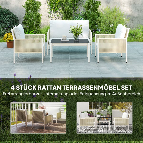 Outsunny Gartenmöbel Set aus Polyrattan Lounge-Set mit 2er Sofa Sessel Glastisch Kissen wetterfest Sitzgruppe für 4 Personen Outdoor Balkonmöbel Set Terrassenmöbel für Garten Balkon Braun+Grau