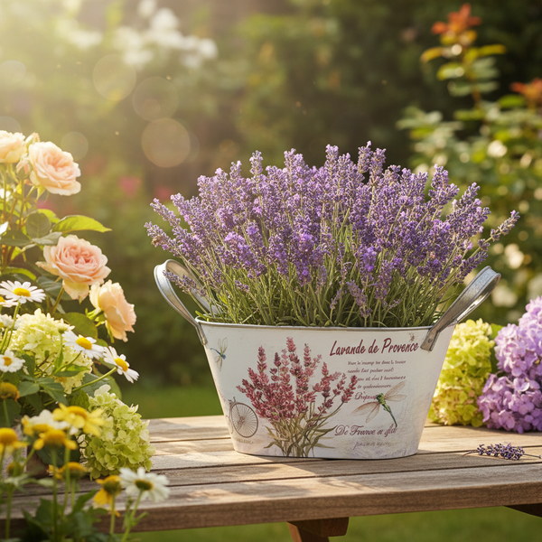 Lavendel in einem dekorativen Metalltopf mit Griffen auf einem Holztisch im Garten, umgeben von Blumen bei hellem Tageslicht.