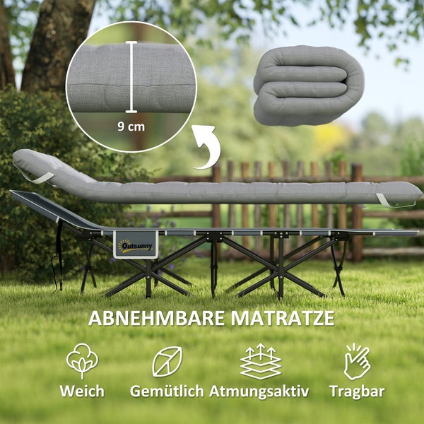 Outsunny Feldbett faltbar Campingbett mit Matratze Kopfkissen Seitentasche 190 x 65 x 37 cm Campingliege für Erwachsene Gästebett bis 150 kg Klappbett für Outdoor, Garten Camping Reisen Hellgrau