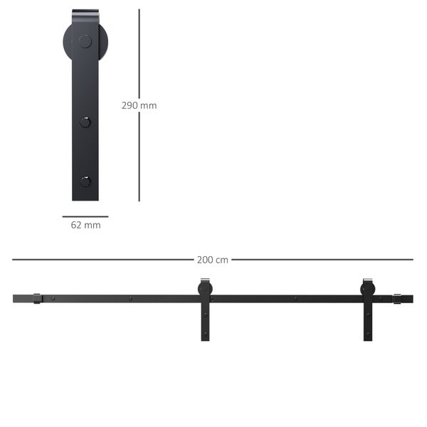 HOMCOM Schiebetüren-Beschlagsatz mit Schrauben Laufschiene Komplett-Set Schiebetürsystem für einzelne Holztür, aus Kohlenstoffstahl Schwarz 200 x 40 x 0,6 cm