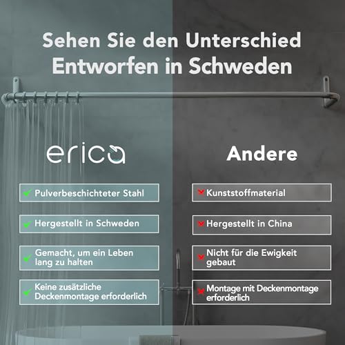 Erica Duschvorhangstange L-form & U-form - 4-in-1 System für Badewanne oder Dusche - Duschstange Ecke - Stahl mit Pulverbeschichtung - Ohne Deckenhalterung - Grau
