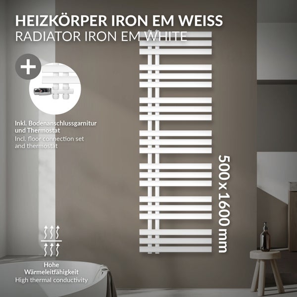 LuxeBath Badheizkörper Iron EM 500x1600 mm Weiß Mittelanschluss mit Anschlussgarnitur Thermostat Durchgang Boden, Design Heizkörper Bad Heizung Handtuchwärmer Handtuchtrockner Handtuchheizkörper