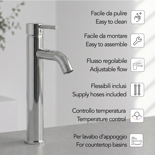 Hohe Waschtischarmatur für Aufsatzwaschbecken, leicht zu reinigen und zu montieren, mit verstellbarem Durchfluss, Anschlussschläuchen und Temperaturregler.