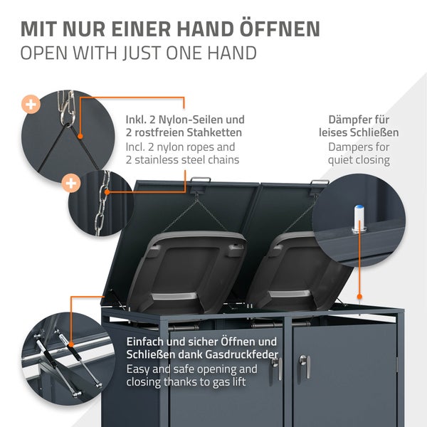 ML-Design Mülltonnenbox 2er für 2 Tonnen 240L 132x80x116,3 cm, Anthrazit, Stahl, wetterfest, Abschließbare Mülltonnenverkleidung mit Klappdeckel/2 Türen, Müllbox Mülltonnecontainer Mülltonnenabdeckung