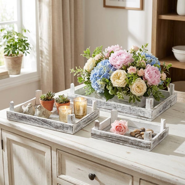 Drei dekorative Holztabletts im Used Look mit Blumengesteck, Kerzen und Pflanzen auf einem weißen Sideboard zur Dekoration.