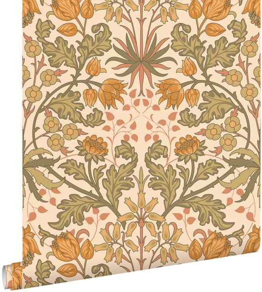 ESTAhome Tapete Blumenmuster im Jugendstil Dunkelorange und Graugrün - 50 x 900 cm - 131175