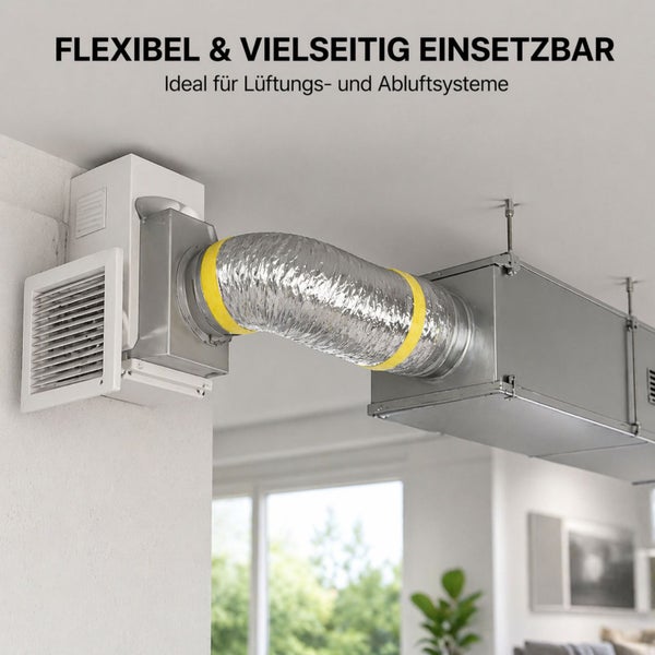 Flexibler Aluminium-Lüftungsschlauch, der eine Wandlüftungseinheit mit Gitter an ein Decken-Abluftsystem anschließt.