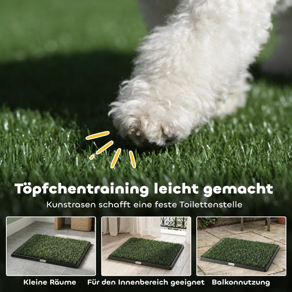 Hundetoilette mit Kunstrasen für das Töpfchentraining, geeignet für Innenbereiche und Balkone. PawHut Logo.