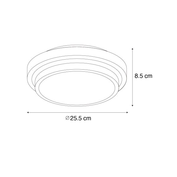 Technische Zeichnung einer runden Deckenleuchte mit den Maßen: Durchmesser 25,5 Zentimeter und Höhe 8,5 Zentimeter.