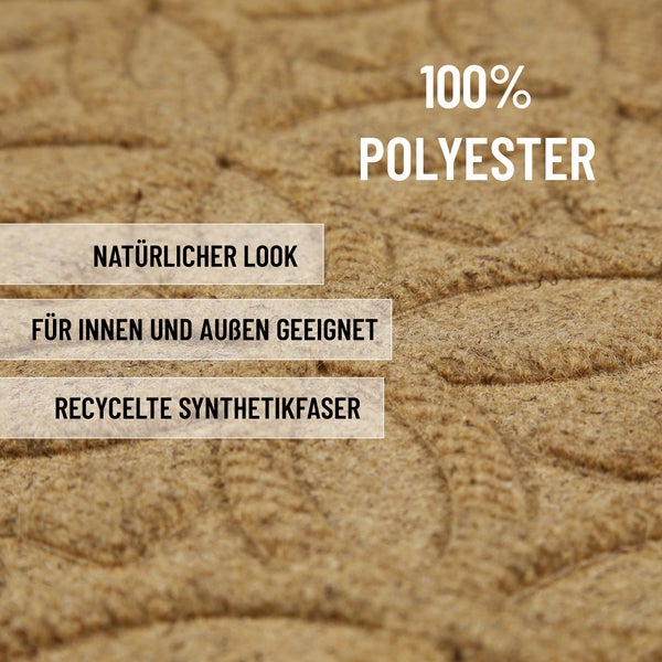 100 Prozent Polyester, recycelte Synthetikfaser, natürlicher Look, für innen und außen geeignet.