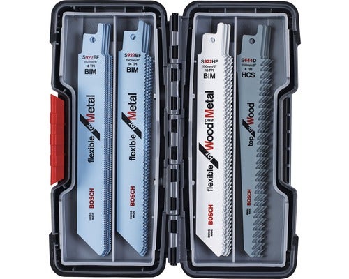 Bosch Säbelsägeblatt-Set in einer geöffneten Box, bestehend aus mehreren Sägeblättern für Holz und Metall.